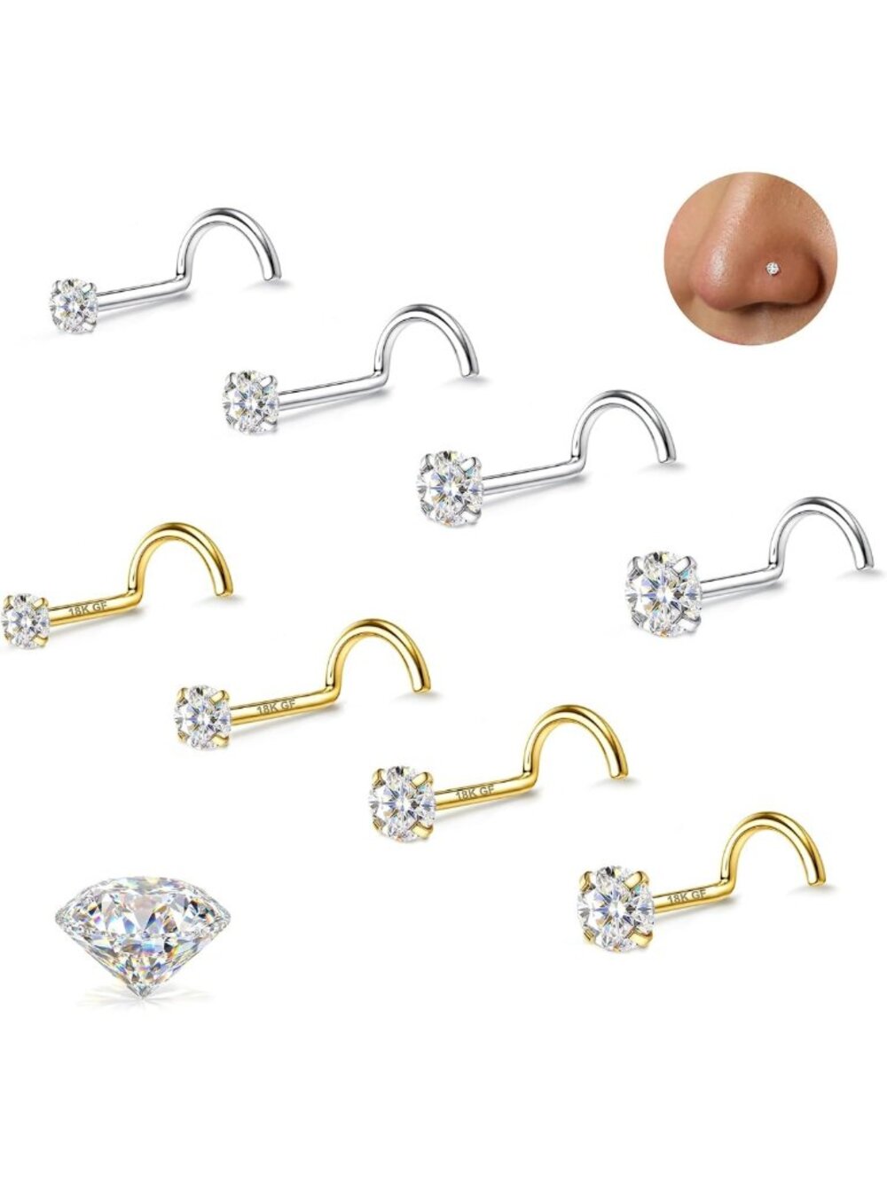 8 Pcs Moissanite Nose Studs Set - Hypoallergenic Stainless Steel, 18G/20G